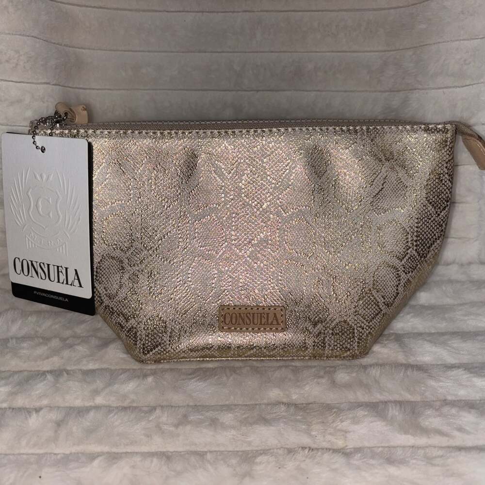 NWT Consuela Leah Large Tool Kit Cosmetic Bag Gold Metallic Snake Print